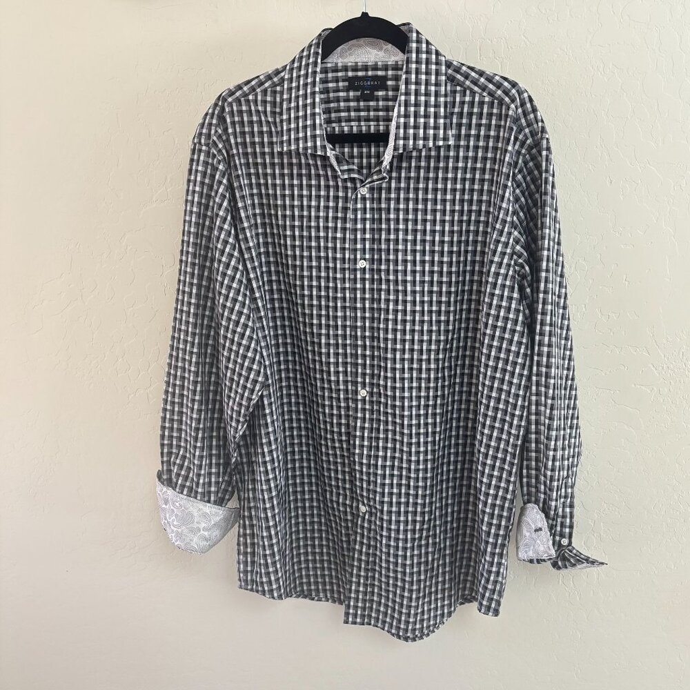 Ziggurat Basketweave Plaid‎ Mens Button Down - Black/White/Gray - Size XXL